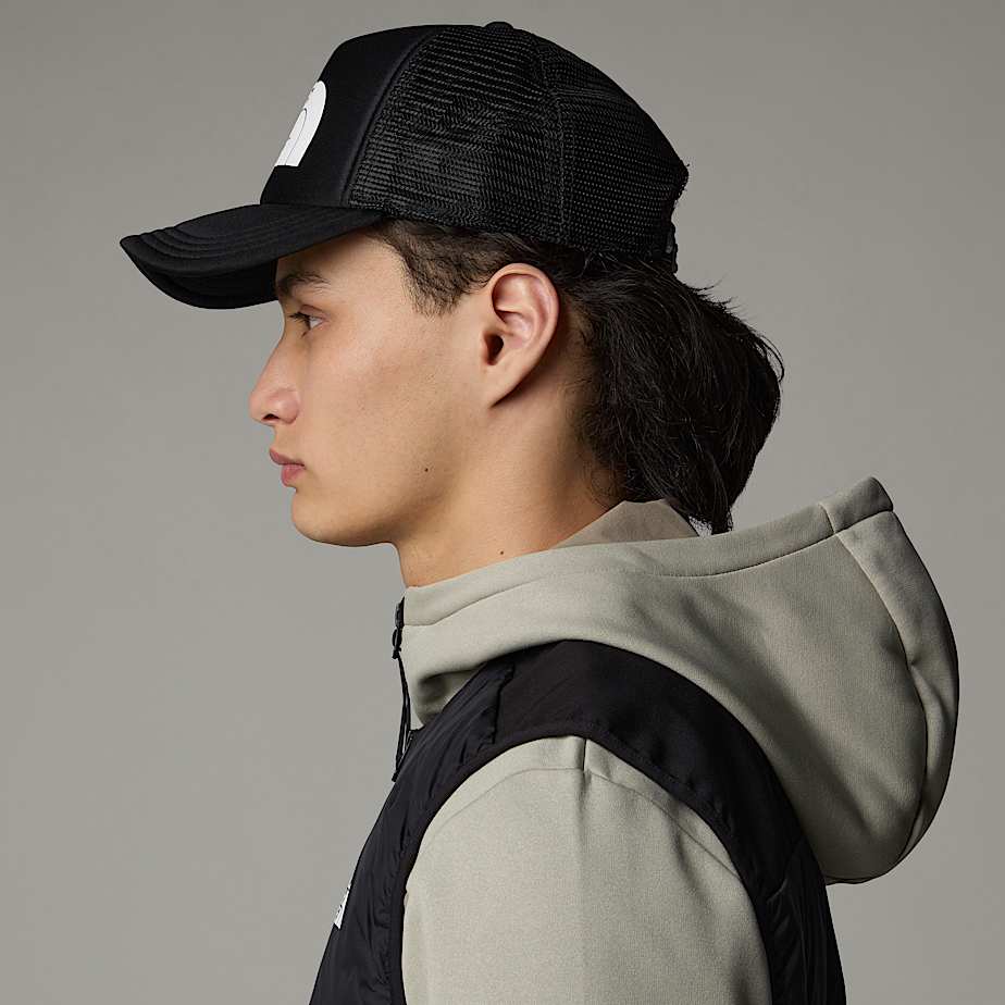 Men The North Face Logo Trucker Caps Black | NF0A19X5A
